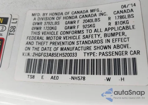 2014 Honda Civic Ex z USA, uszkodzony, nr VIN 2HGFG3A85EH520033